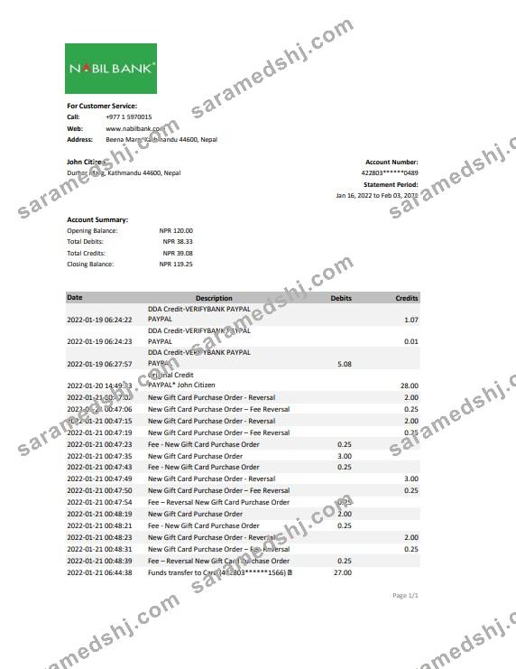 Nepal Nabil bank statement Excel and PDF template